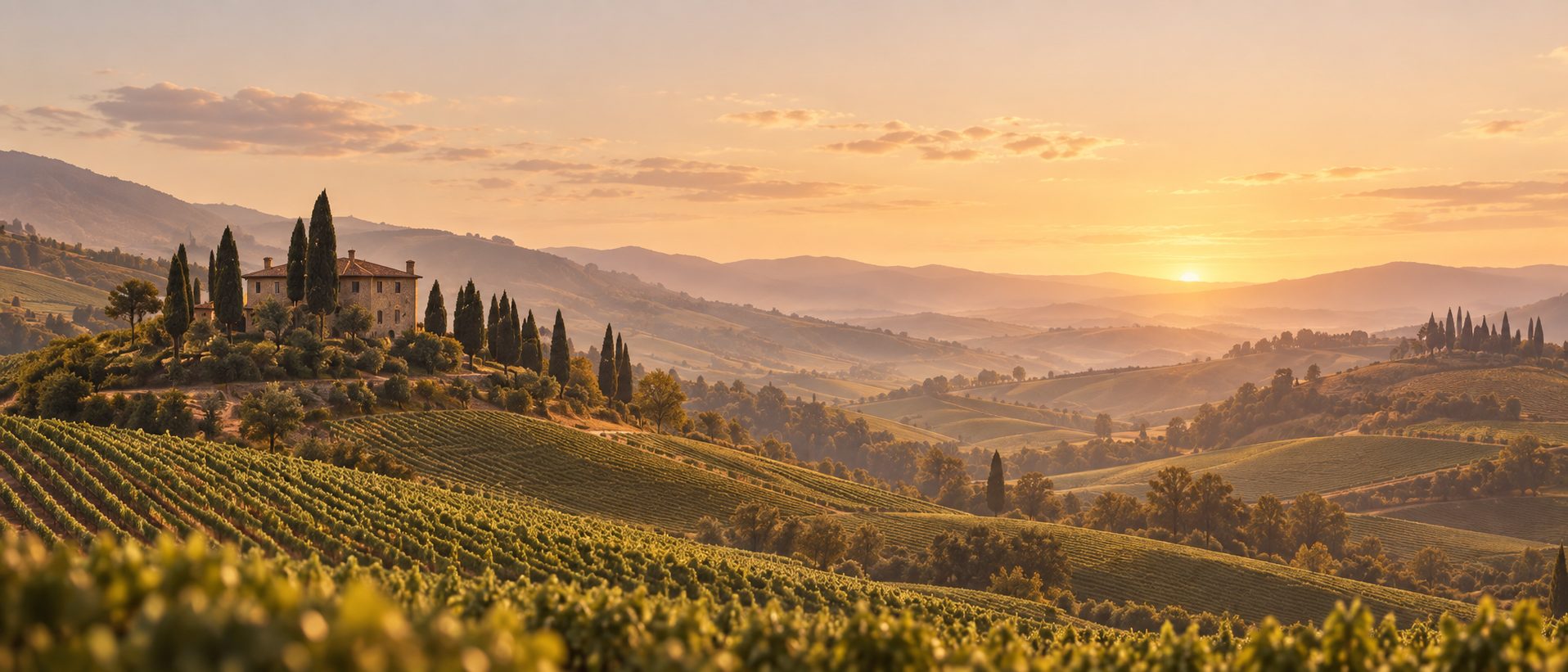 Vigneti e paesaggio collinare al tramonto